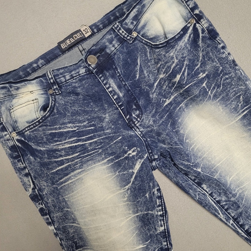 Blue‎ Cult Mens Skinny Jeans 32 Acid Wash Blue Distressed Ankle Zip Denim Pants